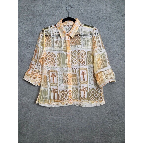 Womens Sheer Mesh Gauze Top See Through Blouse M/L White Yellow Brown Aztec - Picture 5 of 8